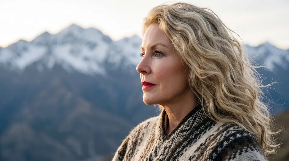 Ada Lovell, personaje virtual creado con IA, de perfil mirando las montañas con el viento en el pelo