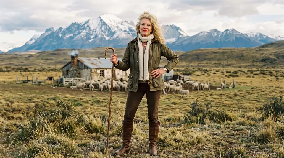Ada Lovell, personaje virtual creado con IA, con un bastón de pastora ante una casa de campo, ovejas y montañas nevadas